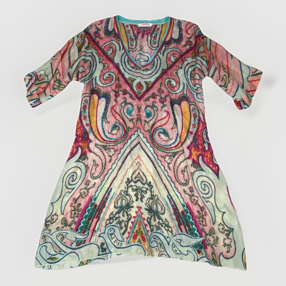 Johnny Was Silk Tunic Top Women's Size S Colorful Abstract Floral Boho Whimsical
